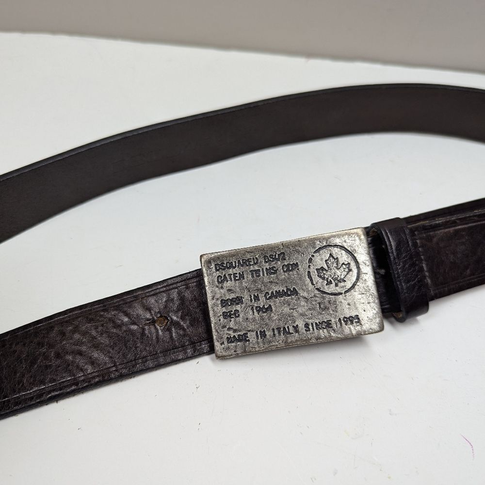 Dsquared2 Leather Belt with Maple Leaf Buckle – Size 34–38.5 – Made in Italy